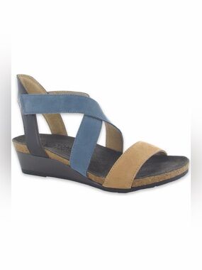 Naot Vixen Suede Leather Low Wedge Sandals Nude Feather Blue ab size 40 US9-9.5